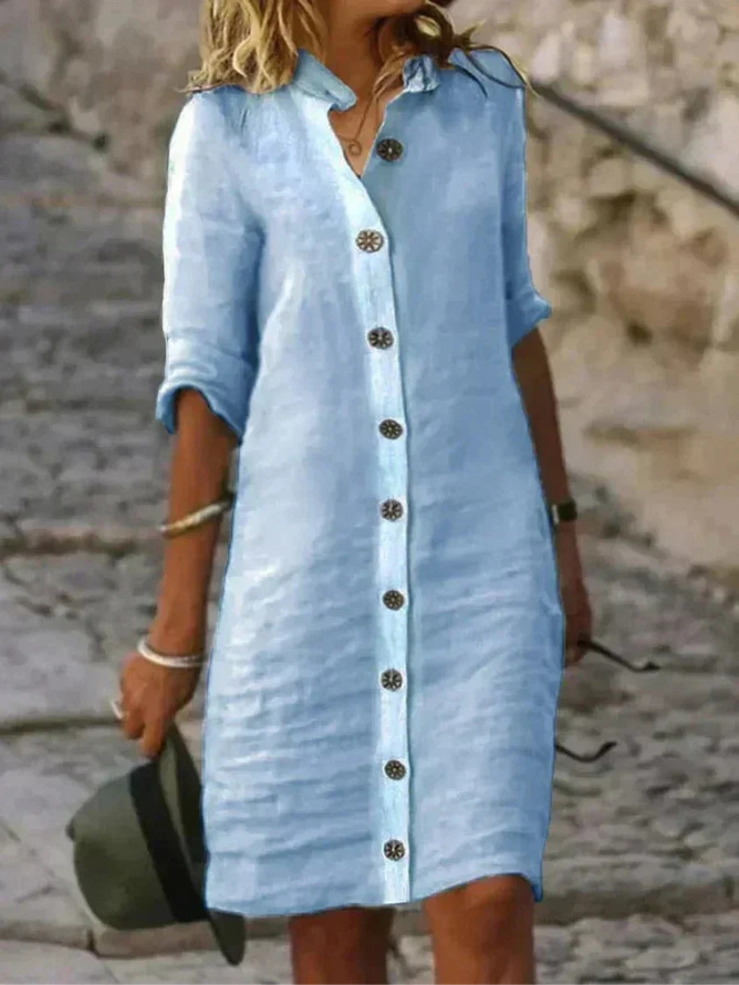 Amelia - Vintage Women's Linen Dress with Button Front and Mini Length