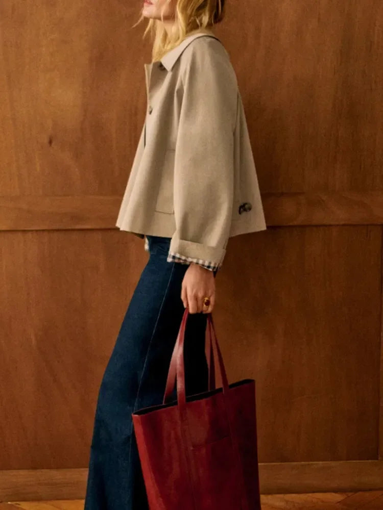 Amelia - Women's Short Trench Coat for Autumn with Statement Collar