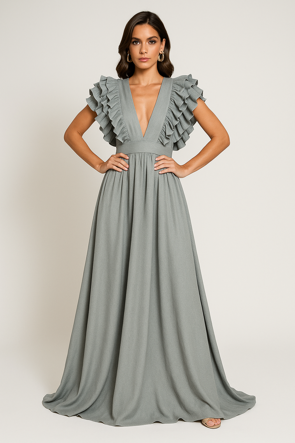 Amelia - Women's Wedding Guest Dress Autumn Ruffle Sleeve Maxi with Plunge Neckline