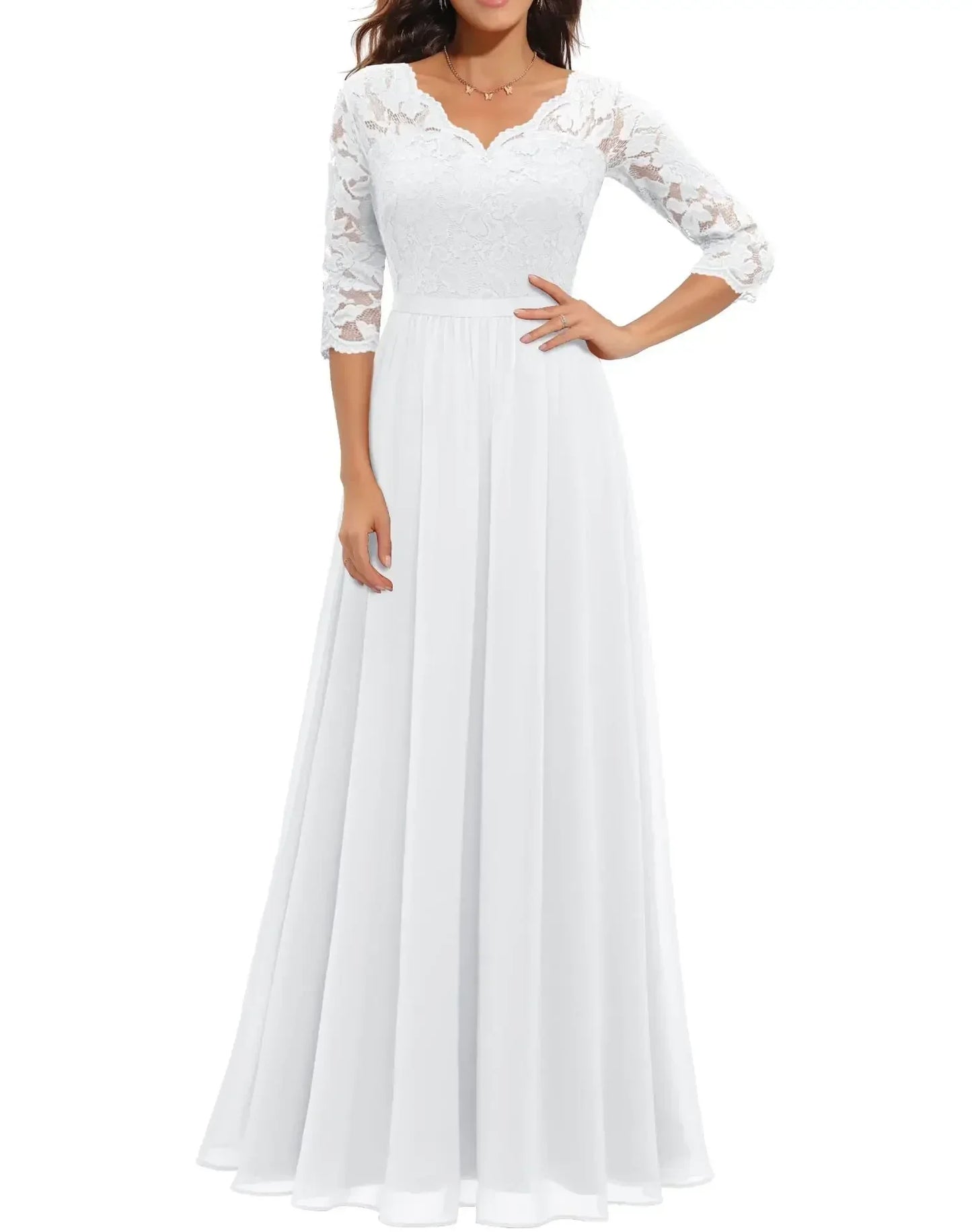 Audrey - Elegant Women's Wedding Guest Maxi Dress with V Neck and Three Quarter Sleeves