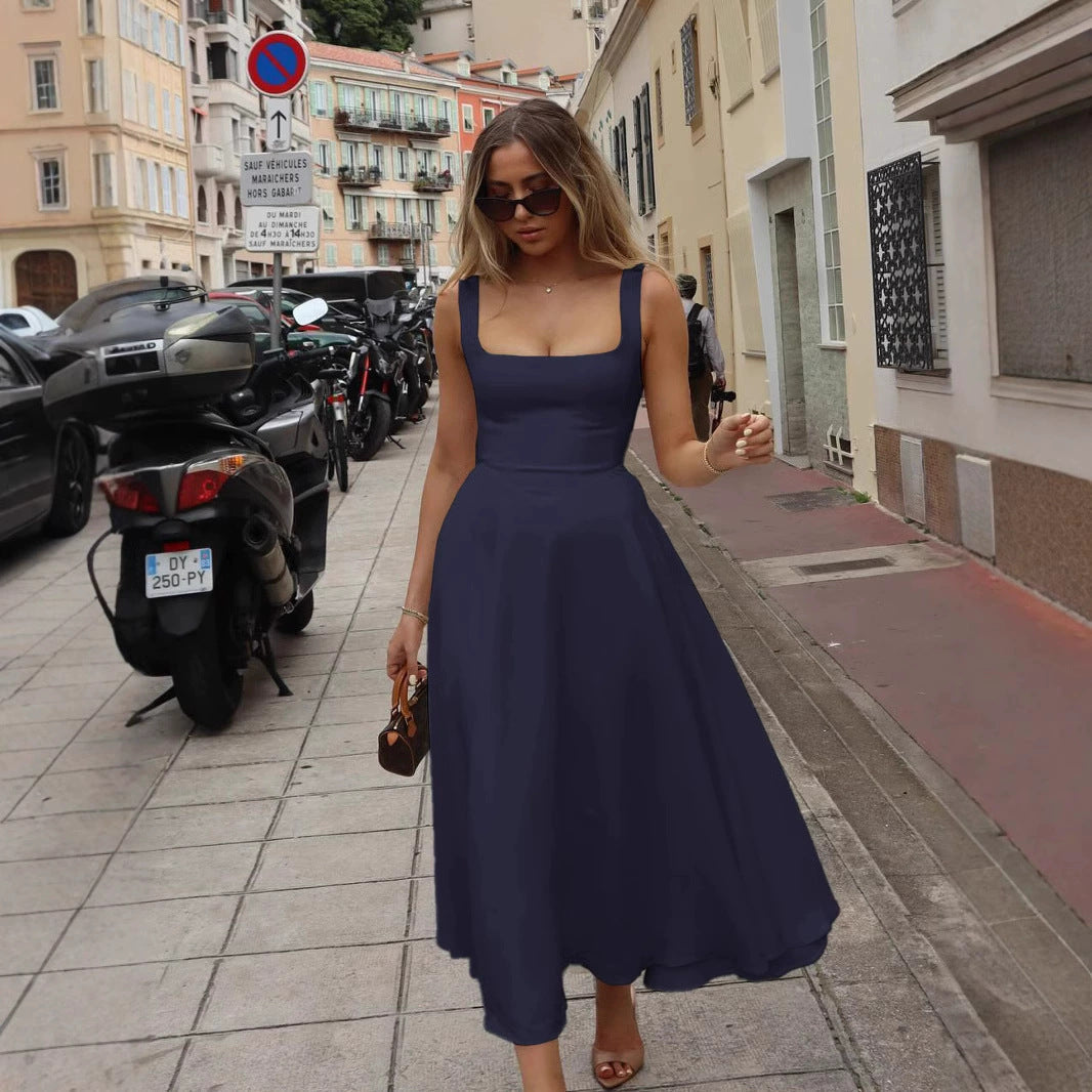 Charlotte - Elegant Women's Wedding Guest Midi Dress with Square Neck and Pleated Skirt