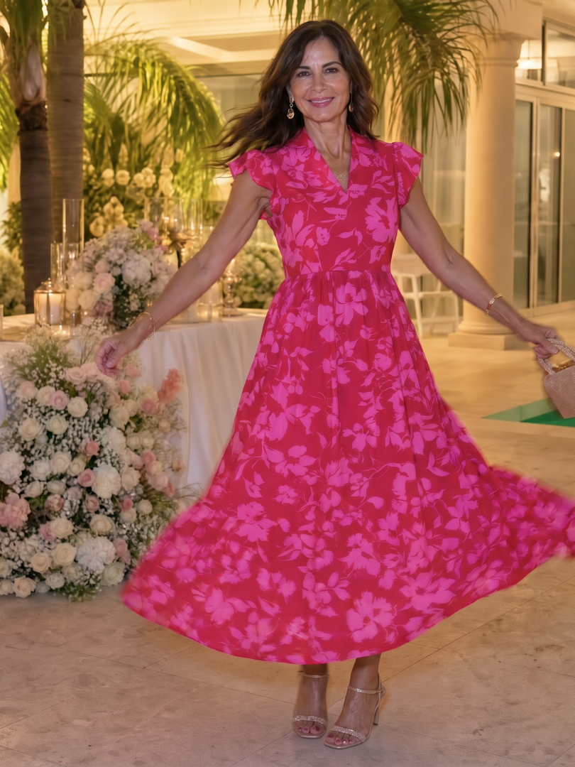 Charlotte - Vintage Women's Wedding Guest Dress with Flutter Sleeves and V-Neck