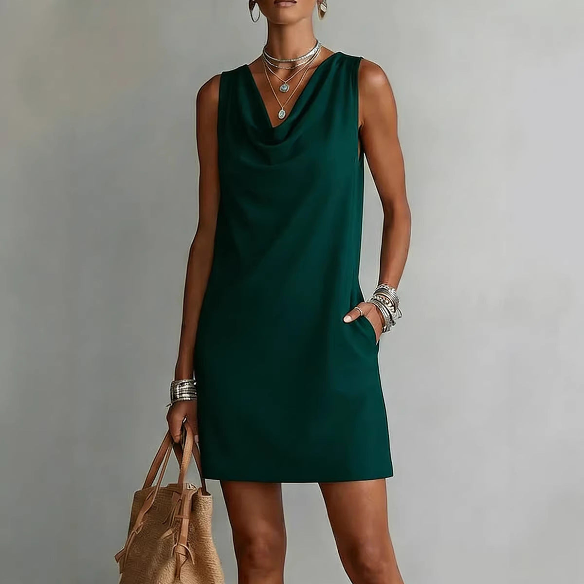 Daisy - Casual Women's Linen Mini Dress with Cowl Neck and Pockets