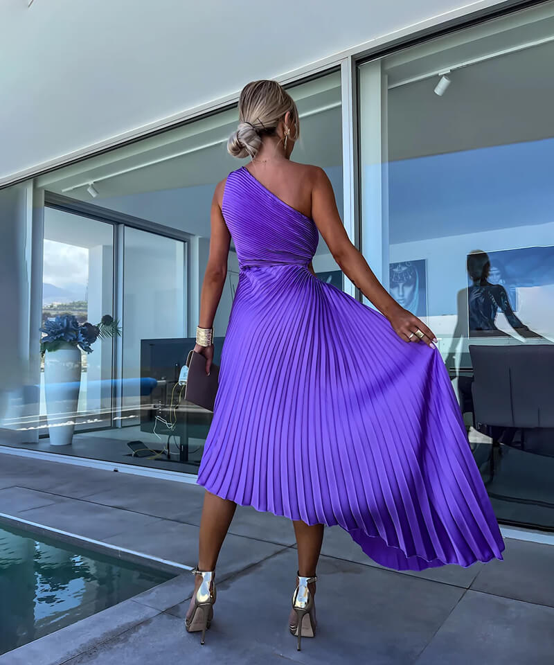 Diana - Elegant Women's Wedding Guest Midi Dress with One Shoulder and Pleated Skirt