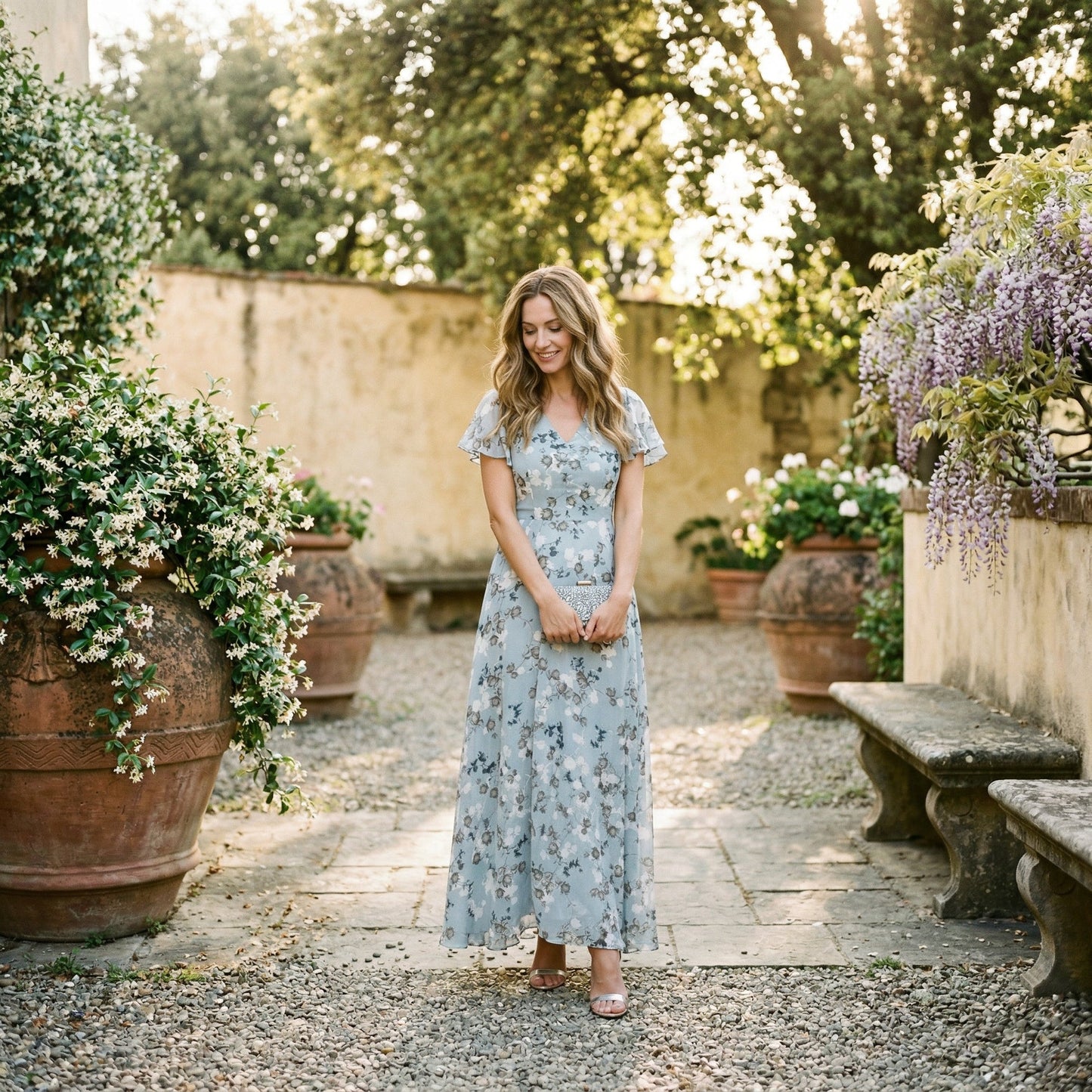 Emily - Vintage Women's Maxi Dress with Flutter Sleeves and Flowing Skirt