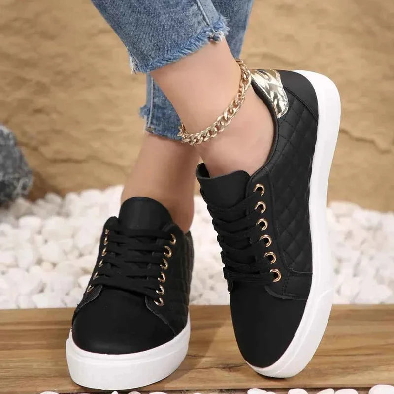 Evie - Casual Women's Trainers with Quilted Panel and Gold Eyelet Lace-Up