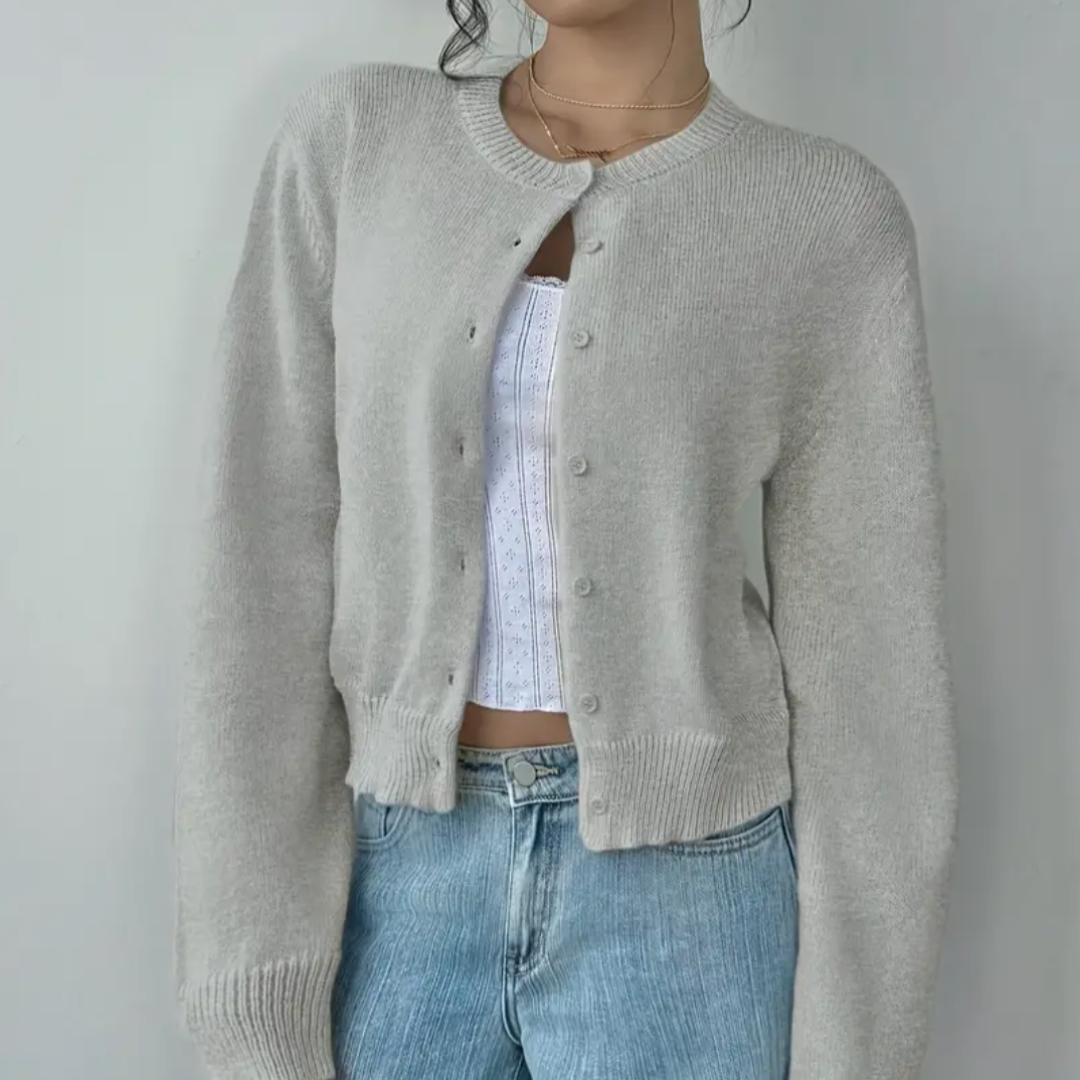 Evie - Women's Wool Style Cropped Cardigan for Autumn with Crew Neck Button Front