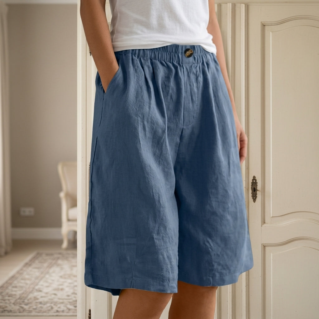 Felicity - Smart Women's Linen Shorts with Elastic Waist and Pleated Front