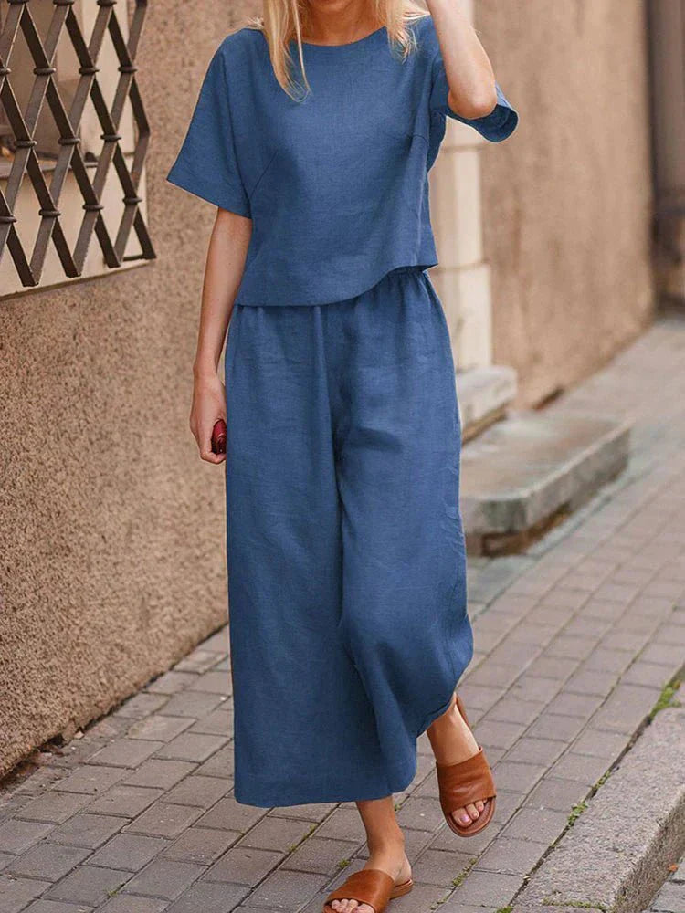 Grace - Casual Women's Linen Set with Boxy Cropped Top and Wide Leg Culottes