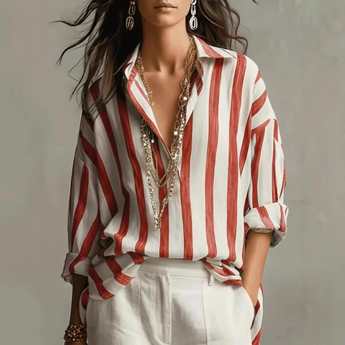 Grace - Chic Women's Striped Linen Blouse with Open V-Neck and Long Sleeves