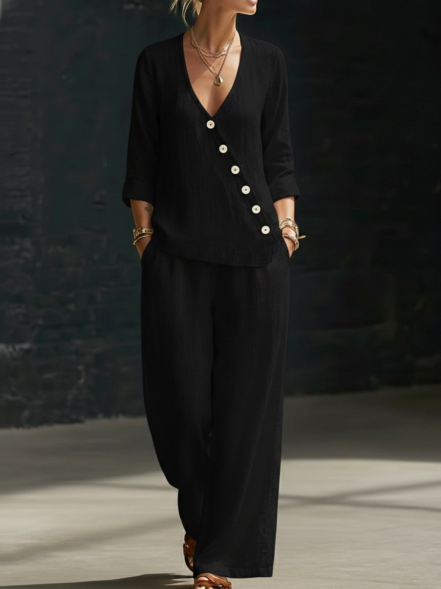 Hannah - Smart Women's Linen Set with V-Neck Diagonal Button Top and Wide-Leg Trousers