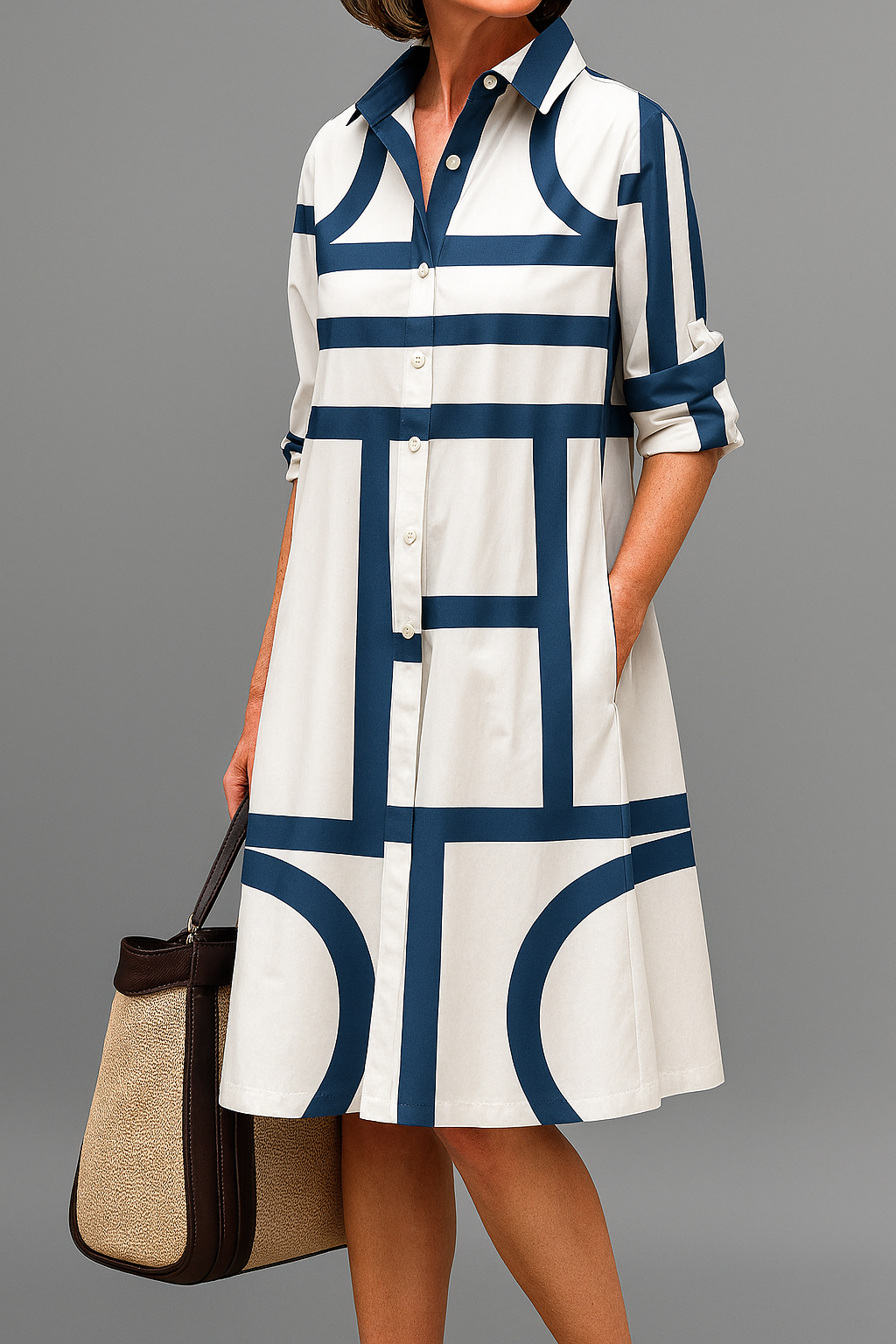 Harriet - Smart Women's Summer Dress with Collared Neckline and Rolled Sleeves