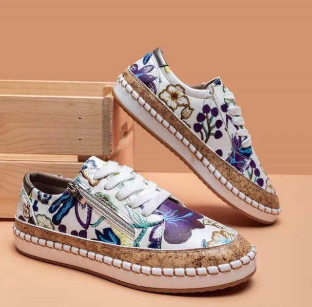 Violet - Boho Women's Comfort Trainers with Floral Print Upper and Cork Flatform Sole