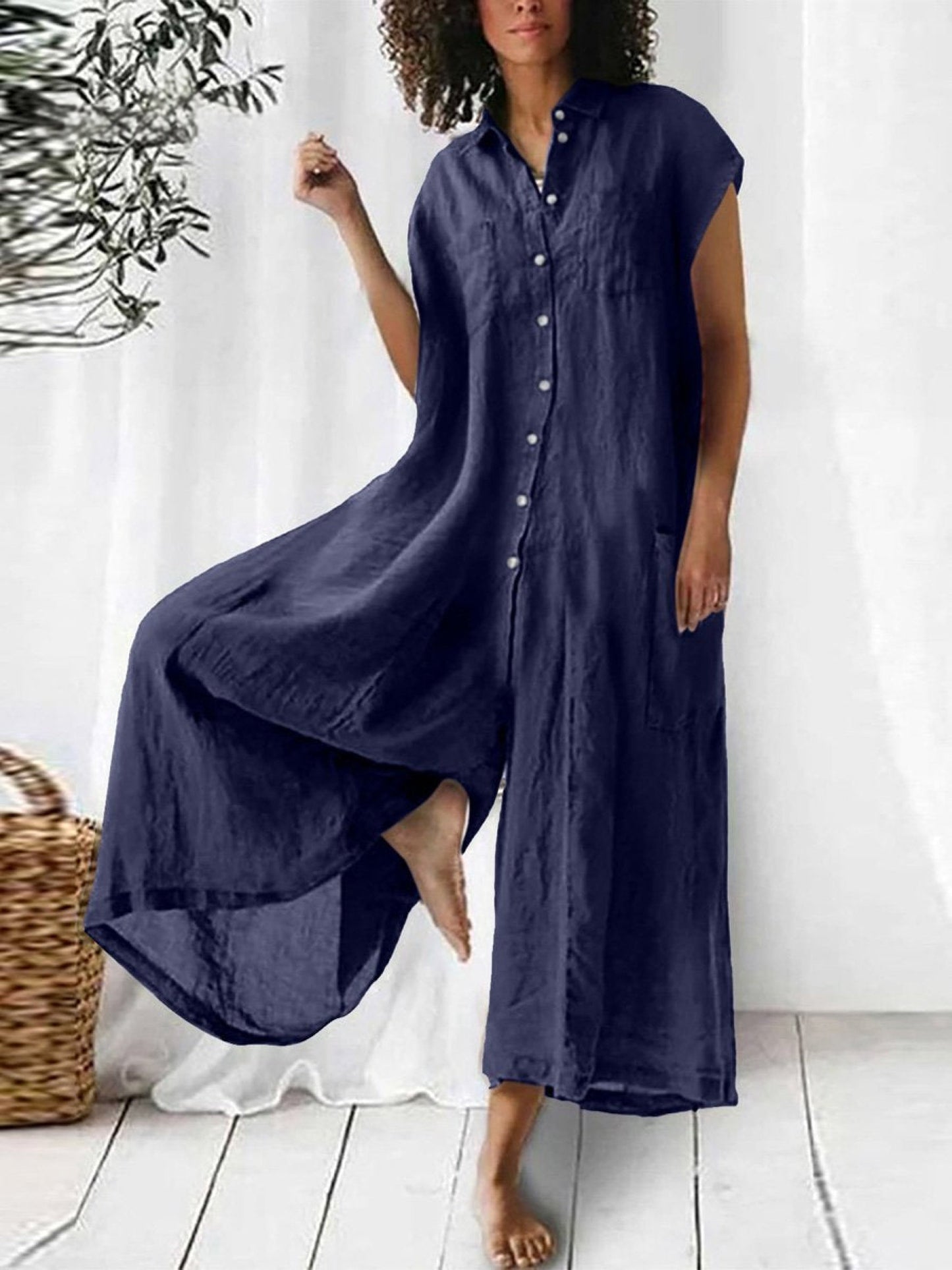 Lucy - Casual Women's Linen Jumpsuit with Button Front Collar and Wide Leg Design