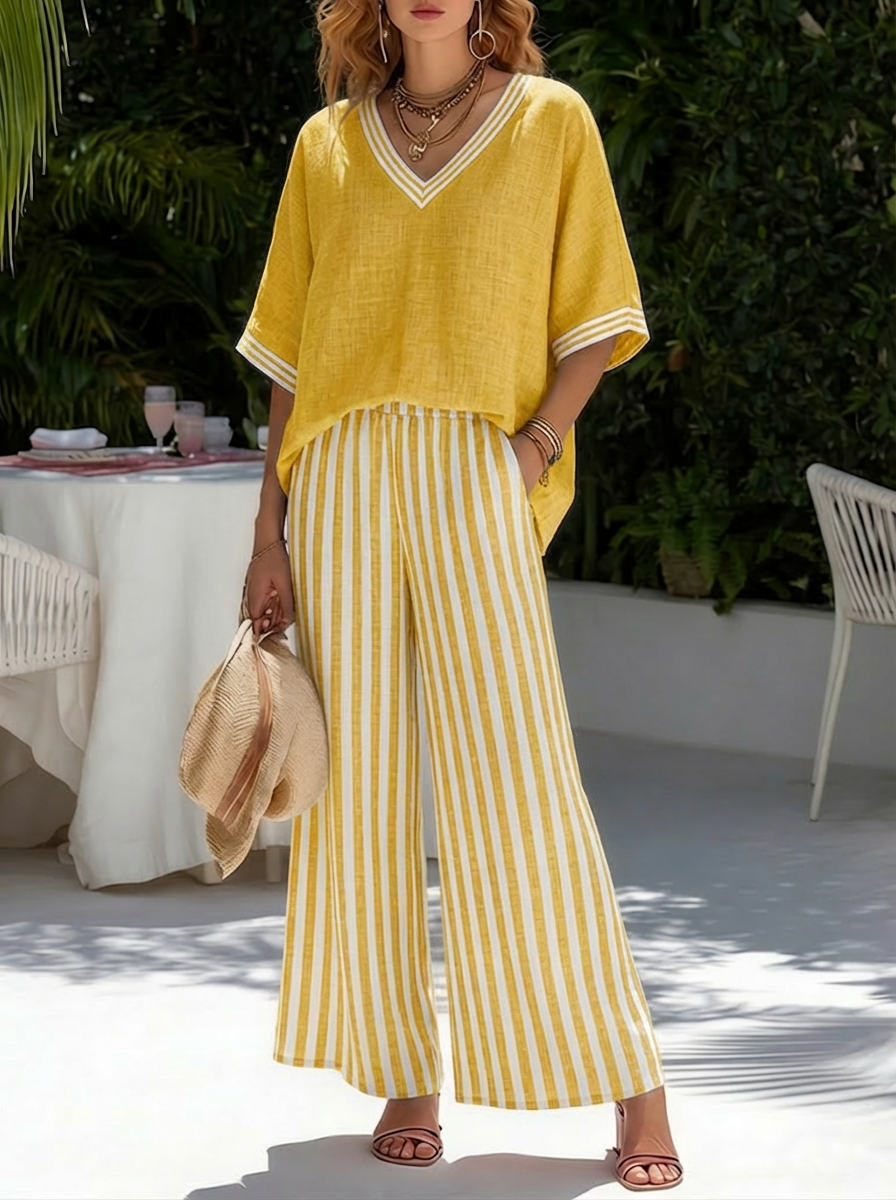 Megan - Preppy Women's Linen Set with V-Neck Top and Striped Trousers