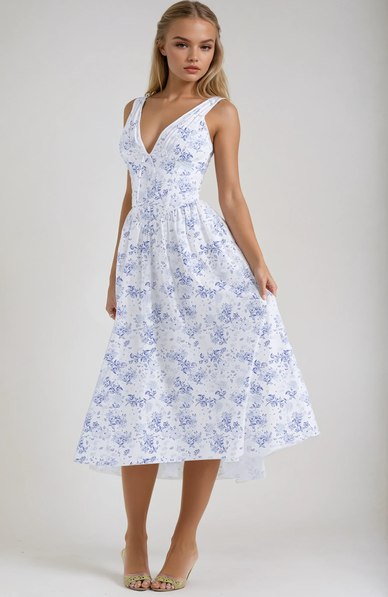 Penny - Elegant Women's Wedding Guest Midi Dress with Deep V Neck and Floral Print