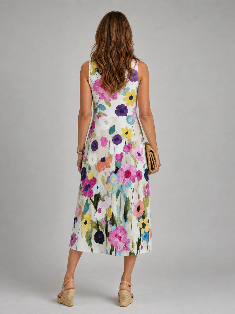Poppy - Vintage Women's Midi Summer Dress with Round Neckline and A-Line Skirt