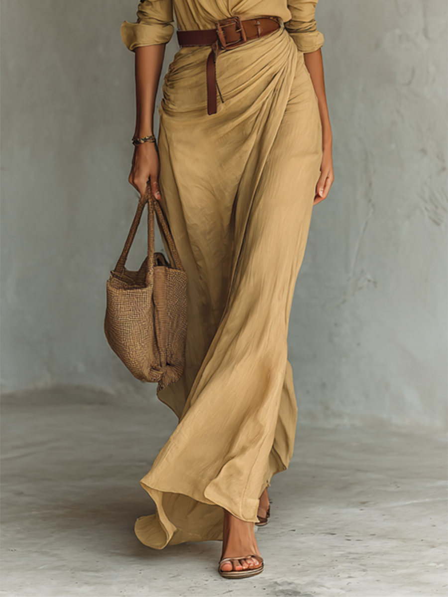 Sadie - Casual Women's Maxi Dress with Deep V Neck and Belted Waist