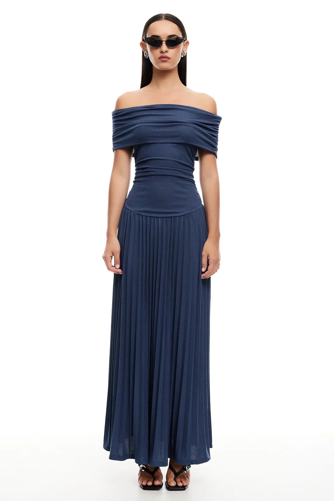 Serena - Elegant Women's Wedding Guest Maxi Dress with Off Shoulder Neckline and Pleated Skirt