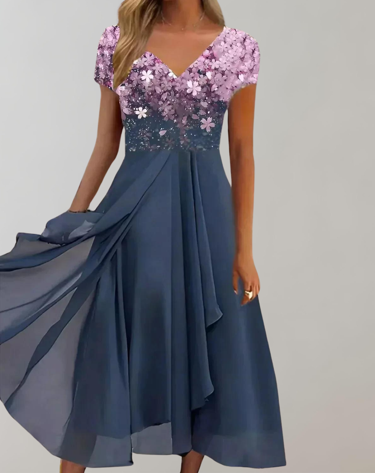 Tabitha - Formal Women's Summer Dress with Cap Sleeves and Draped Skirt