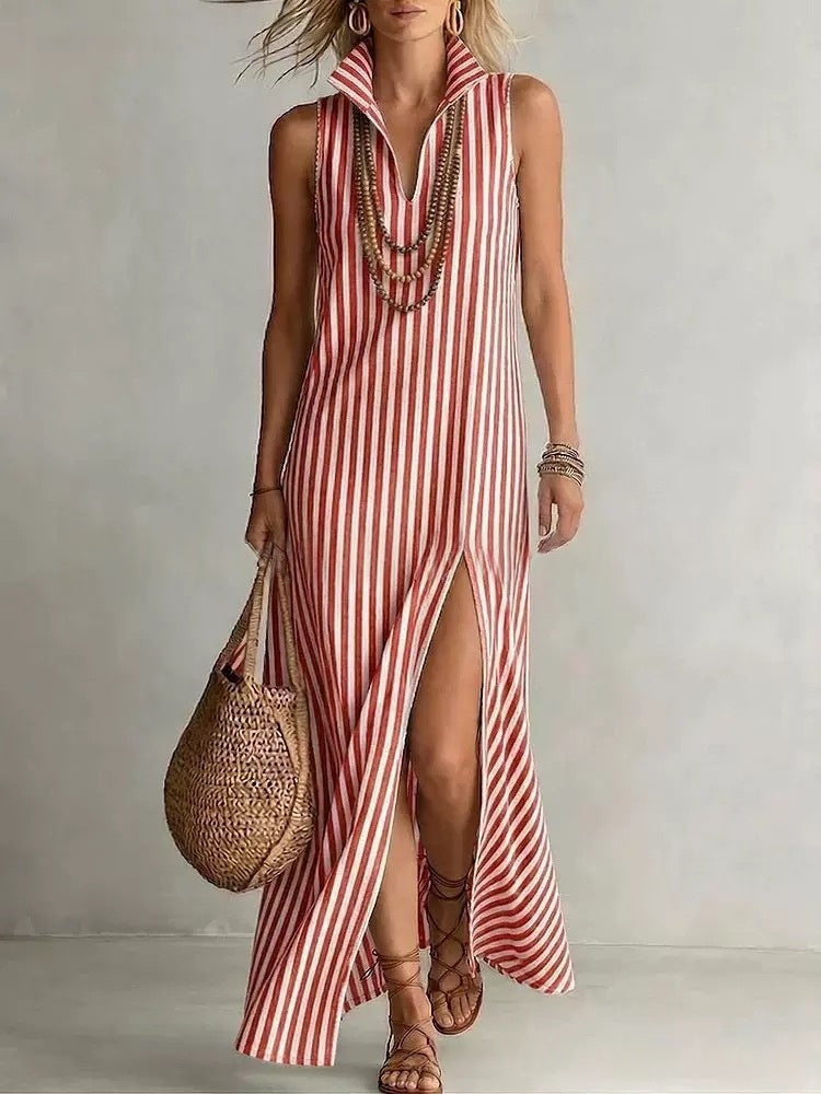 Beatrix - Flowy Women's Linen Maxi Dress with Striped Print and Collared Neckline