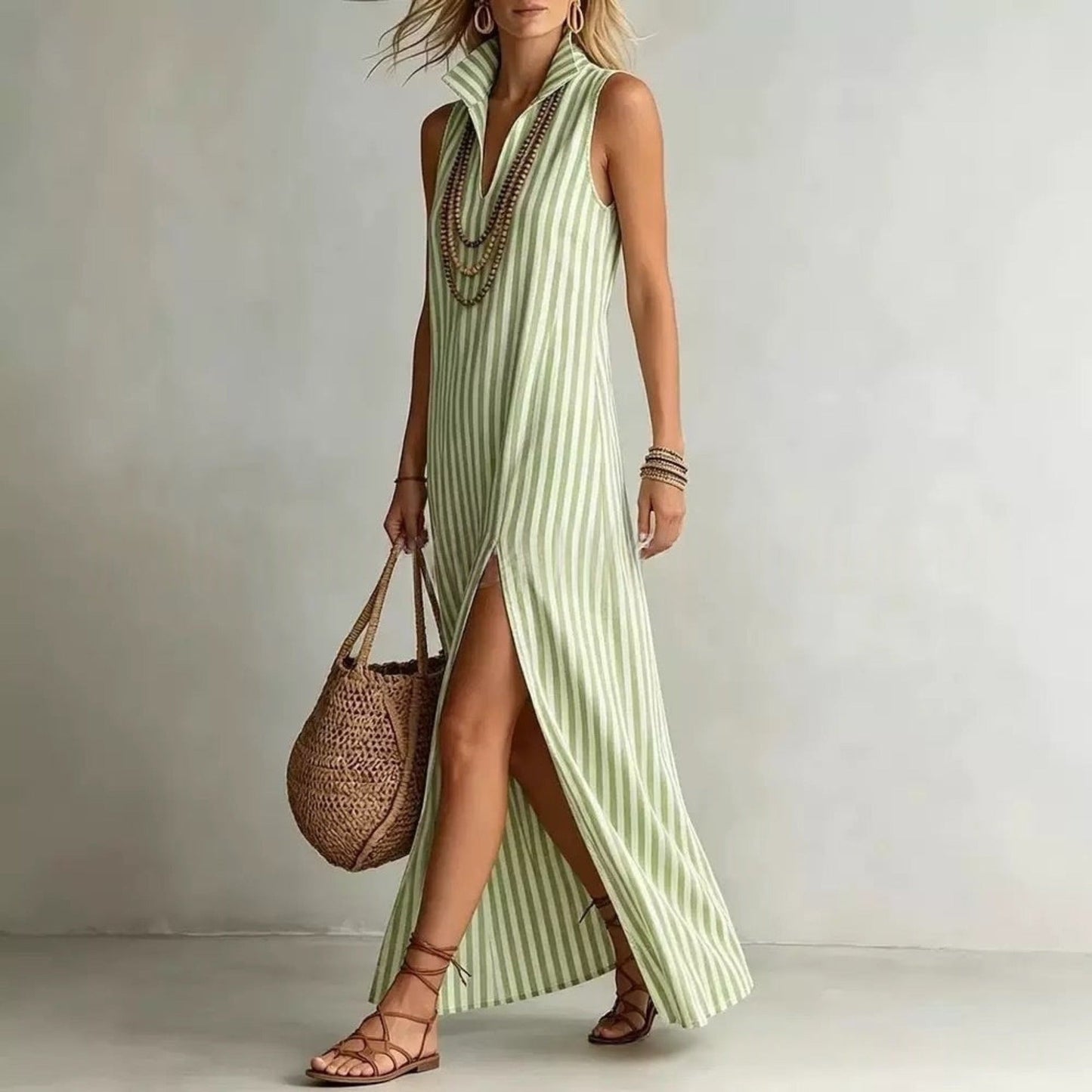 Beatrix - Flowy Women's Linen Maxi Dress with Striped Print and Collared Neckline