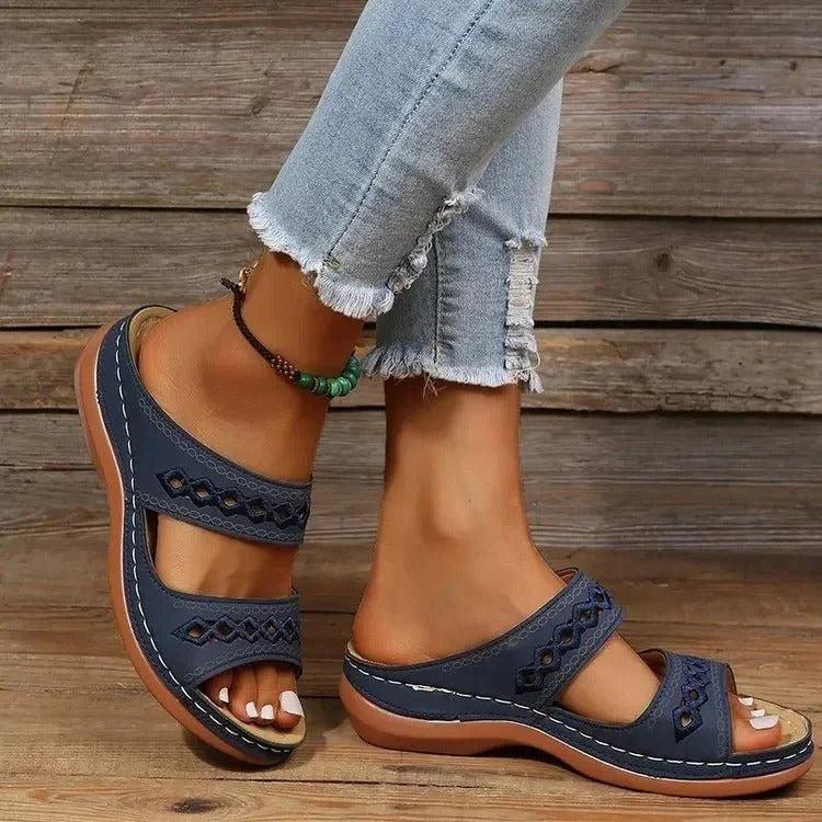 Amber - Boho Women's Orthopedic Wedge Mule Sandals with Cut-Out Strap Detail and Cushioned Sole