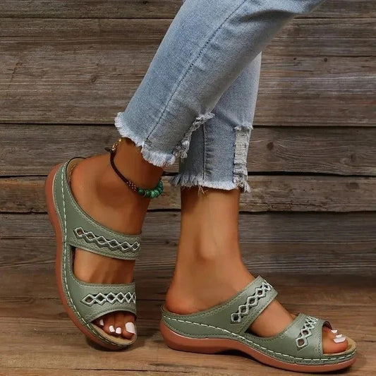 Amber - Boho Women's Orthopedic Wedge Mule Sandals with Cut-Out Strap Detail and Cushioned Sole