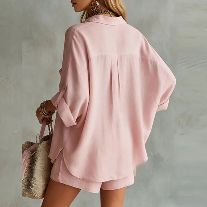 Amelia - Casual Women's Linen Two-Piece Set with Oversized Shirt and Mini Shorts