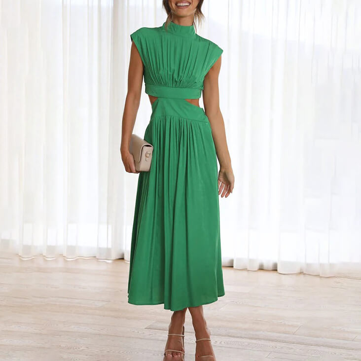 Amelia - Chic Women's Wedding Guest Midi Dress with Cut Out Waist and High Neck