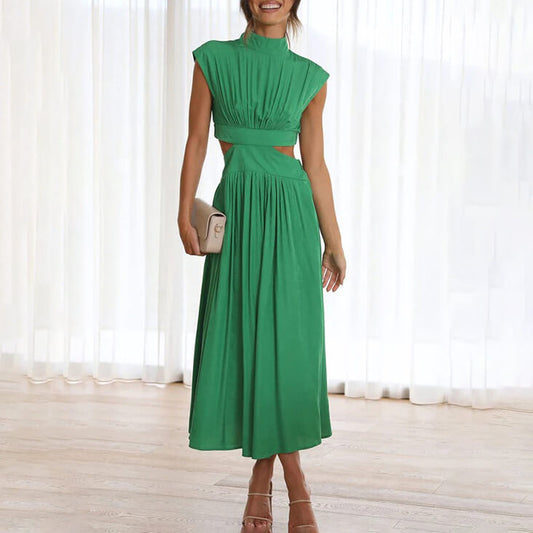 Amelia - Chic Women's Wedding Guest Midi Dress with Cut Out Waist and High Neck