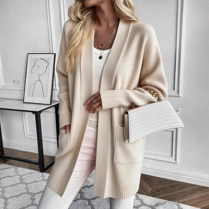 Amelia - Women's Long Cashmere Style Cardigan for Autumn with Patch Pockets