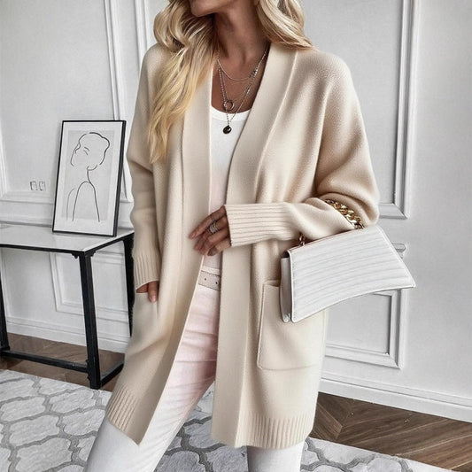 Amelia - Women's Long Cashmere Style Cardigan for Autumn with Patch Pockets