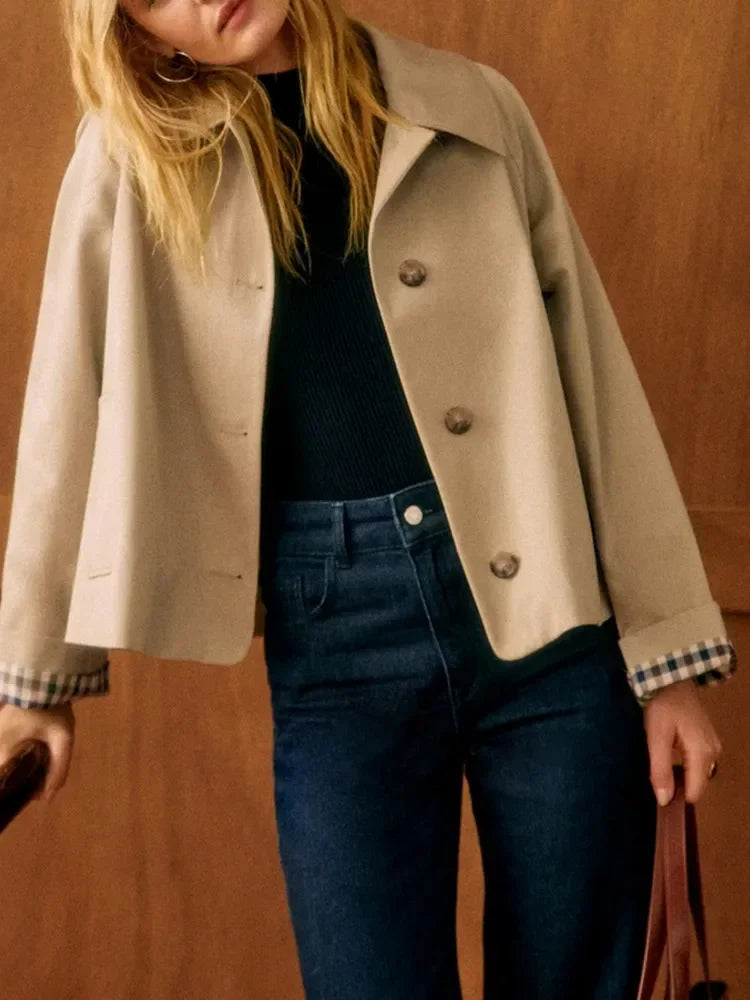 Amelia - Women's Short Trench Coat for Autumn with Statement Collar