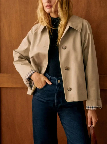 Amelia - Women's Short Trench Coat for Autumn with Statement Collar