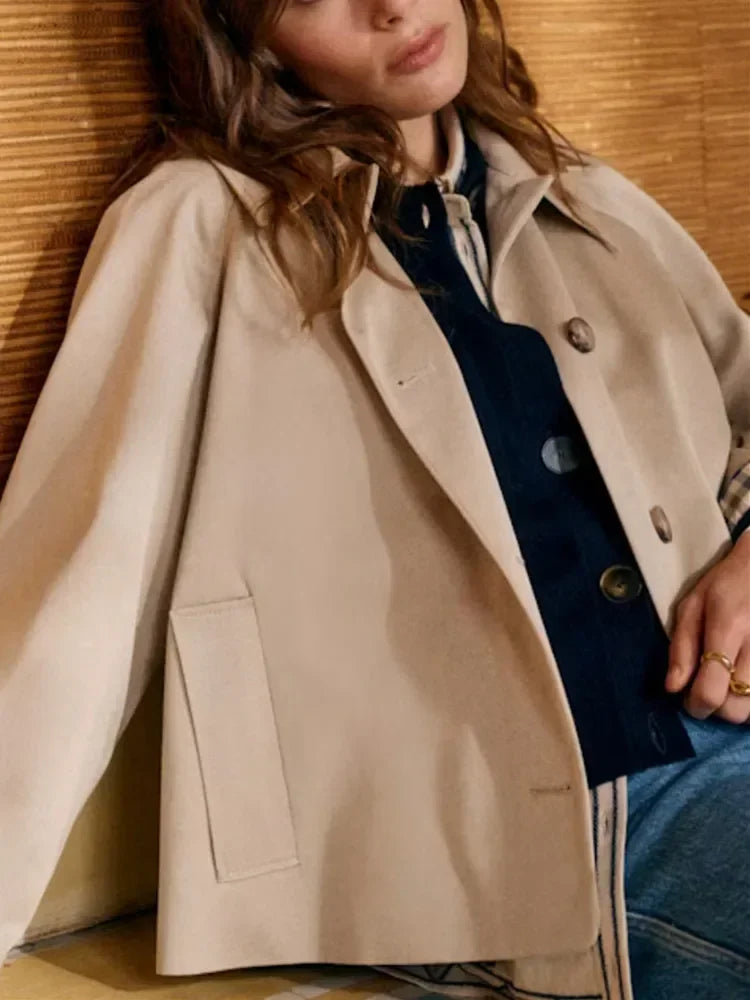 Amelia - Women's Short Trench Coat for Autumn with Statement Collar