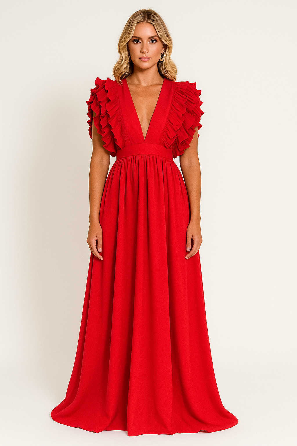 Amelia - Women's Wedding Guest Dress Autumn Ruffle Sleeve Maxi with Plunge Neckline