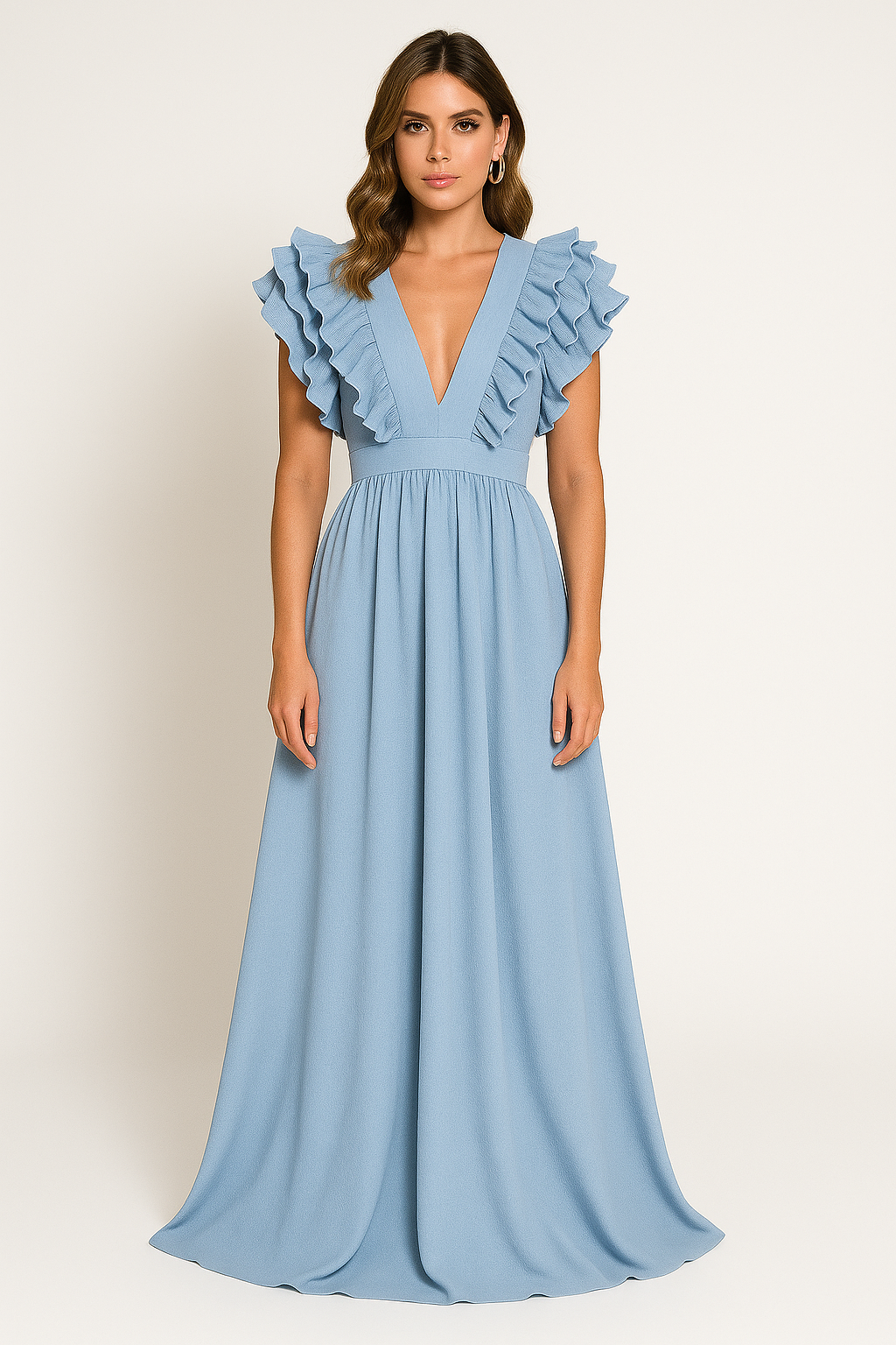 Amelia - Women's Wedding Guest Dress Autumn Ruffle Sleeve Maxi with Plunge Neckline