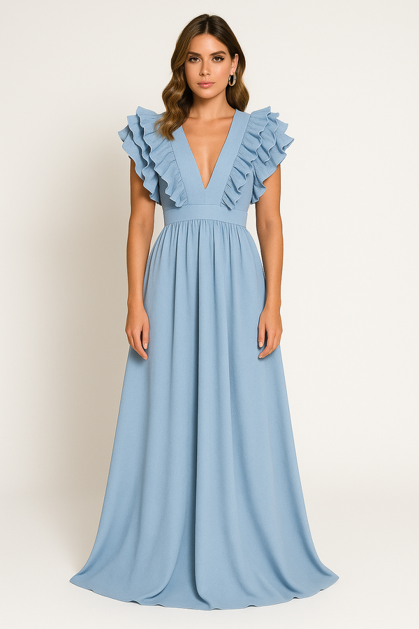 Amelia - Women's Wedding Guest Dress Autumn Ruffle Sleeve Maxi with Plunge Neckline