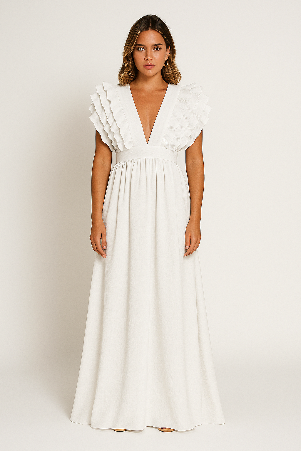 Amelia - Women's Wedding Guest Dress Autumn Ruffle Sleeve Maxi with Plunge Neckline