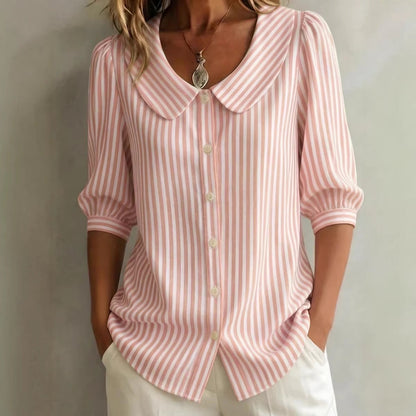 Annabel - Preppy Women's Linen Blouse with Peter Pan Collar and Striped Print