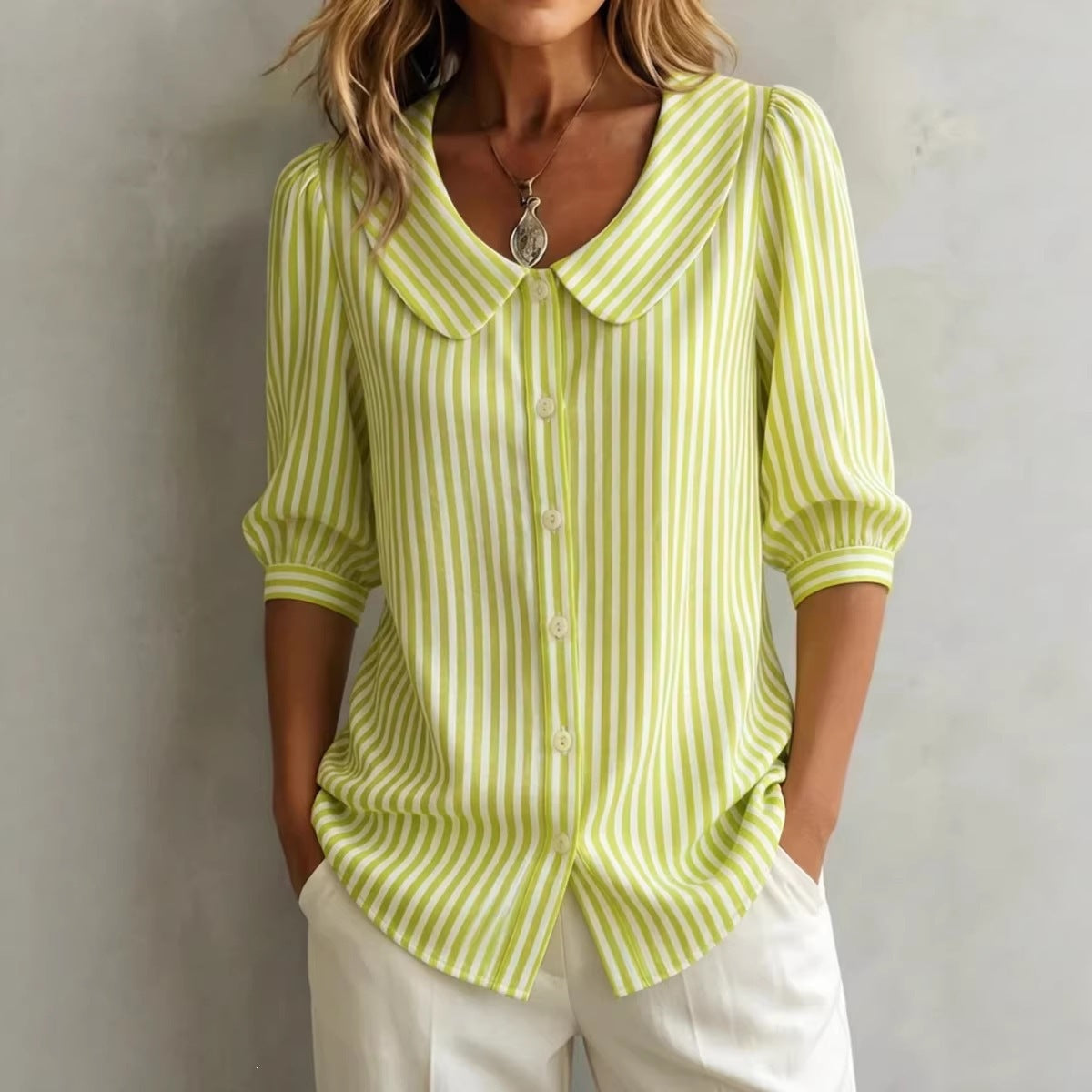 Annabel - Preppy Women's Linen Blouse with Peter Pan Collar and Striped Print