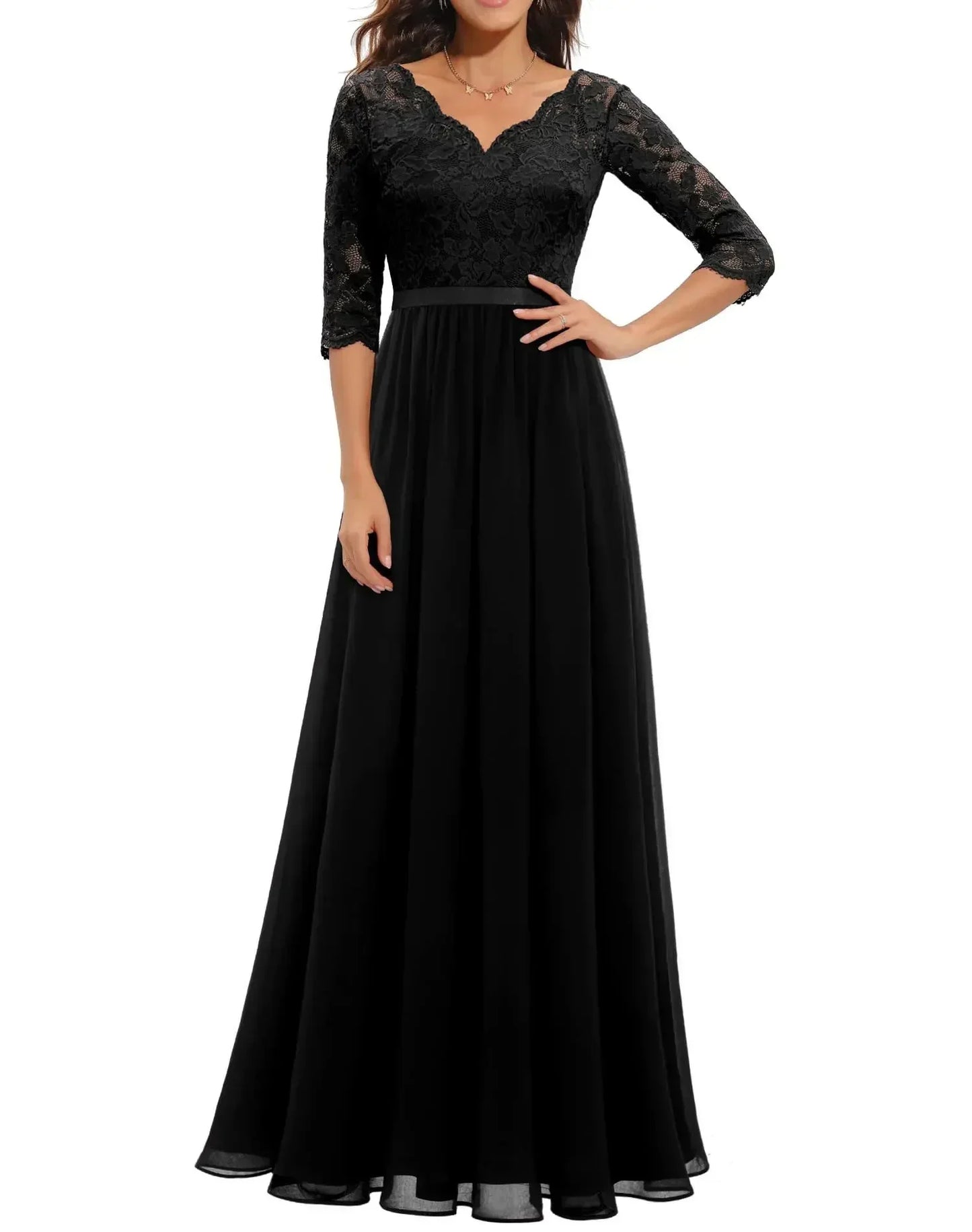 Audrey - Elegant Women's Wedding Guest Maxi Dress with V Neck and Three Quarter Sleeves