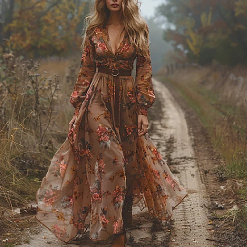 Aurelia - Boho Women's Maxi Dress with Deep V Neck and Floral Embroidery