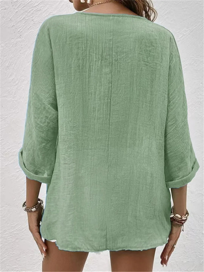 Ivy - Casual Women's Linen Top with V Neck Button Front and Relaxed Sleeves