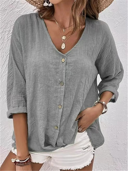Ivy - Casual Women's Linen Top with V Neck Button Front and Relaxed Sleeves