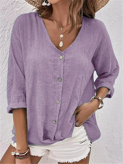 Ivy - Casual Women's Linen Top with V Neck Button Front and Relaxed Sleeves