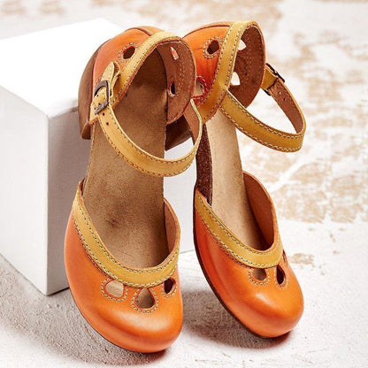 Beatrice - Vintage Women's Orthopedic Mary Jane Sandals with Two-Tone Upper and Block Heel