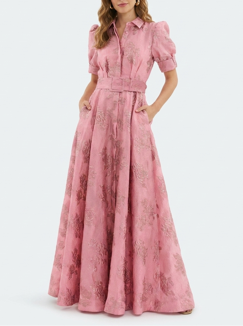 Beatrice - Elegant Women's Wedding Guest Maxi Dress with Puff Sleeves and Belted Waist