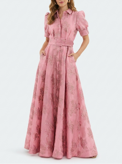 Beatrice - Elegant Women's Wedding Guest Maxi Dress with Puff Sleeves and Belted Waist
